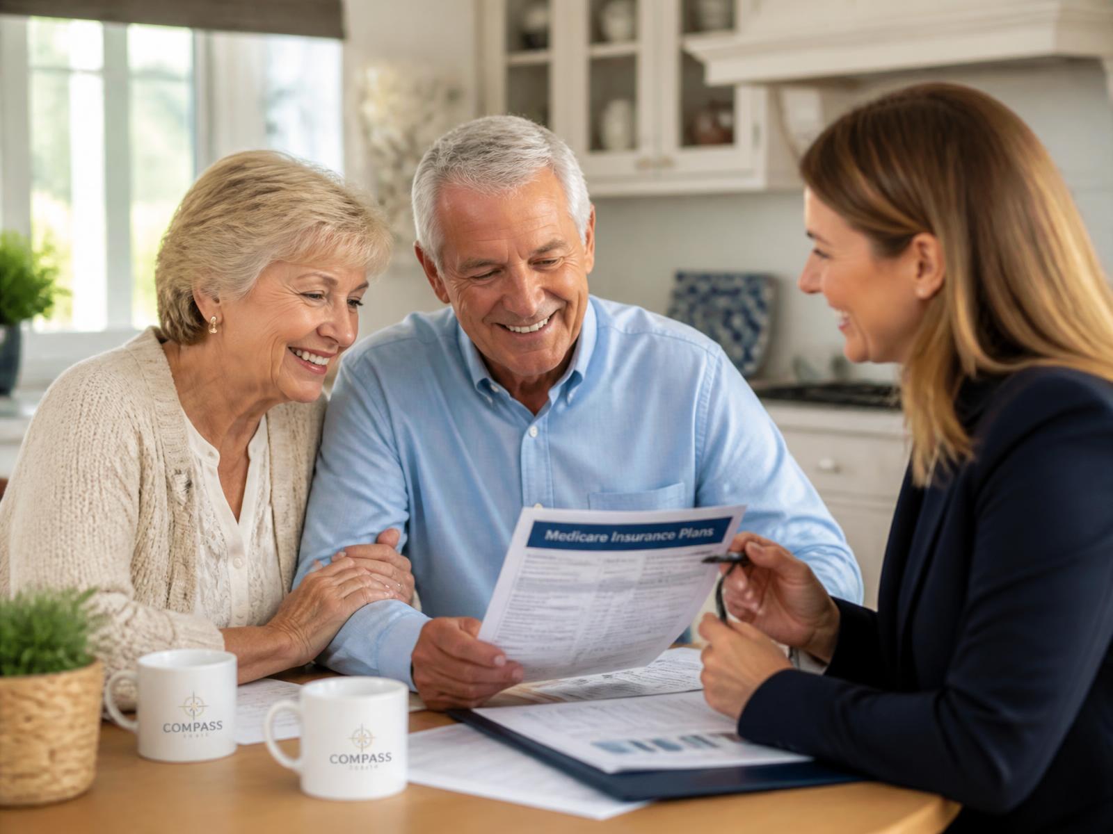 A senior couple reviewing Medicare plan options with a friendly Nu Life Healthcare agent